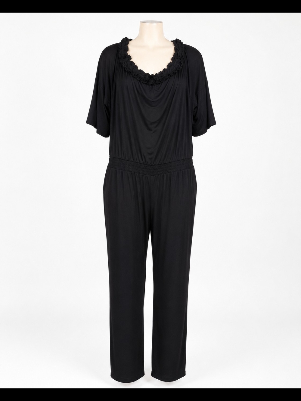 INC International Concepts 3X Black Ruffle Neck Jumpsuit With Pockets